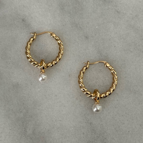 Modest Lu Jewelry - Gold Twist Pearl Dangle Hoop Earrings 

Brand New